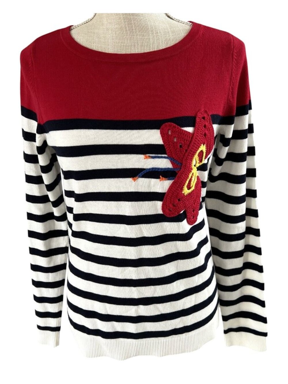 Brooks Brothers Red Knit Striped Sweater W/Crochet Butterfly Embellishment S